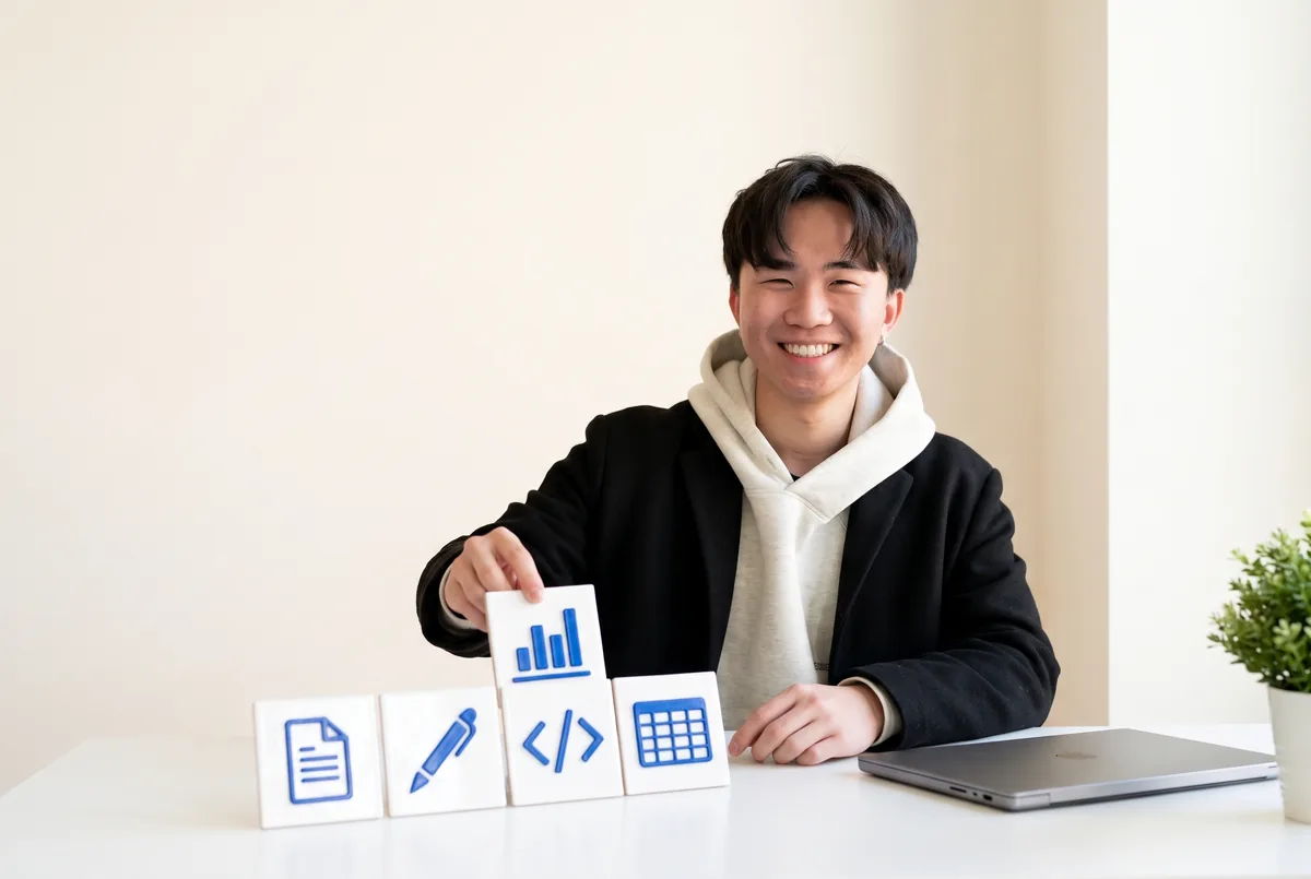 Ray Fu arranging tiles for documents, writing, code, spreadsheets, and charts